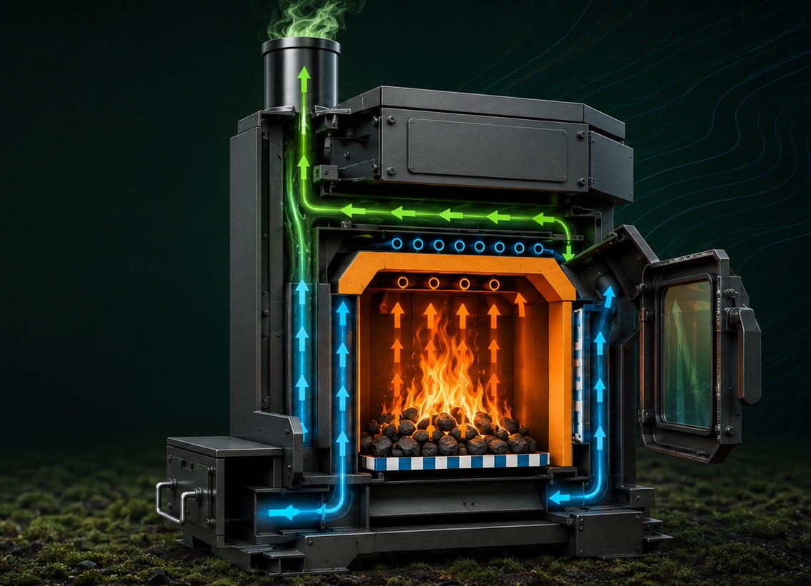 Cutaway of the Nuudelchin stove showing airflow and the secondary combustion chamber